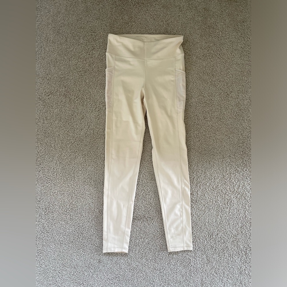 Mono B Cream Beige High Waist Mesh Panel Leggings Side + Zip Pockets Size M
